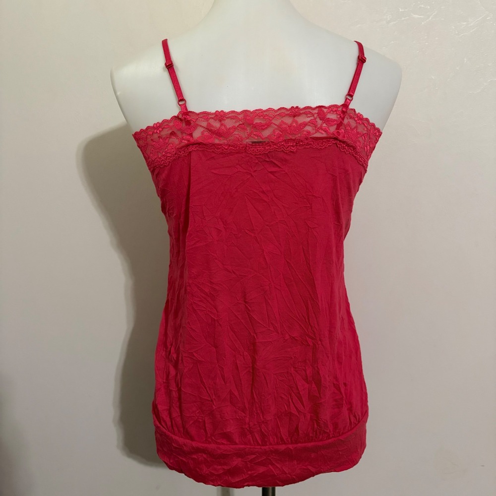 One Step Up Y2K Camisole Large Pink Lace Trim Crinkle Button Front Boho Tank Top - Picture 5 of 7